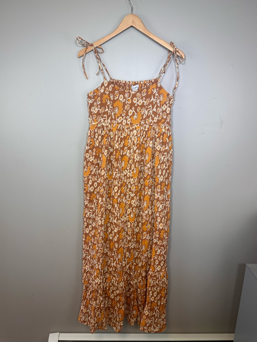 Olivia James The Label Malin Dress Floral Brown Midi Cotton Sundress Brown Med